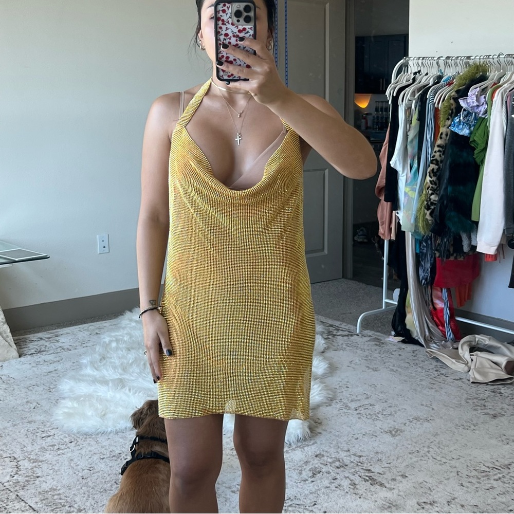 Gold chainmail Metallic sparkle New Year’s Eve birthday dress